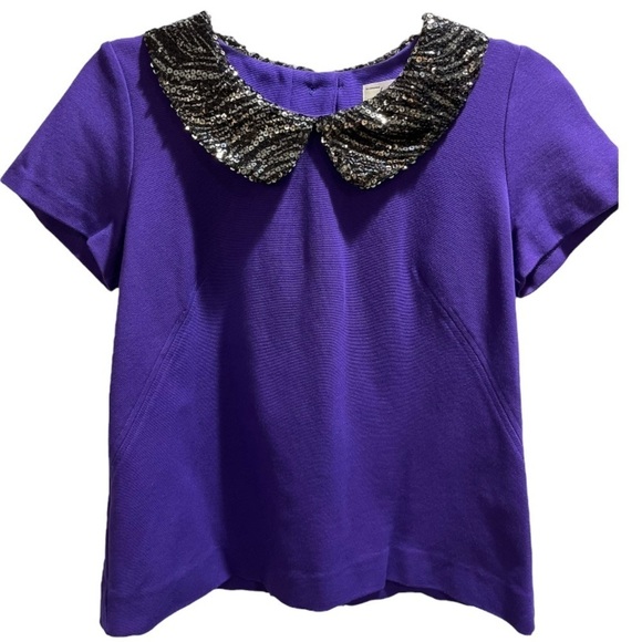 Milly Purple Blouse w/ Black Sequin Collar Back Buttons Short Sleeve Sz SM USA - Picture 2 of 11